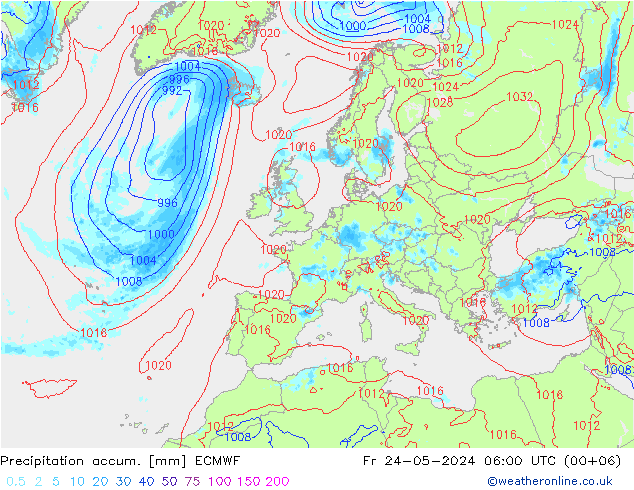 Precipitation accum. ECMWF Pá 24.05.2024 06 UTC