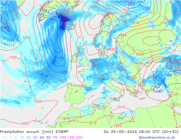 Precipitation accum. ECMWF Sa 25.05.2024 06 UTC