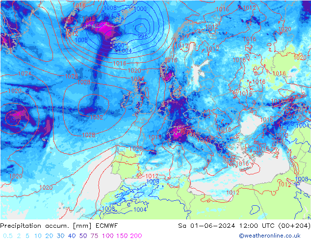 Precipitation accum. ECMWF сб 01.06.2024 12 UTC