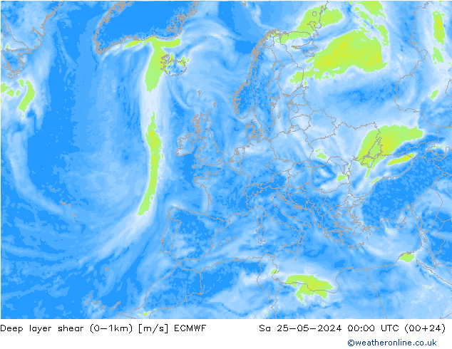 Deep layer shear (0-1km) ECMWF Sa 25.05.2024 00 UTC