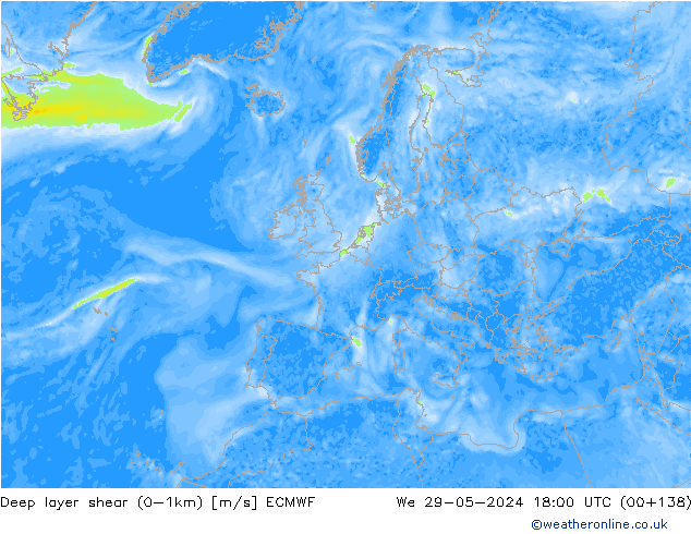 Deep layer shear (0-1km) ECMWF wo 29.05.2024 18 UTC