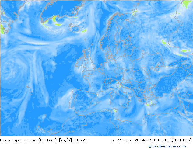 Deep layer shear (0-1km) ECMWF vr 31.05.2024 18 UTC