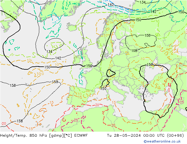 Height/Temp. 850 hPa ECMWF Út 28.05.2024 00 UTC