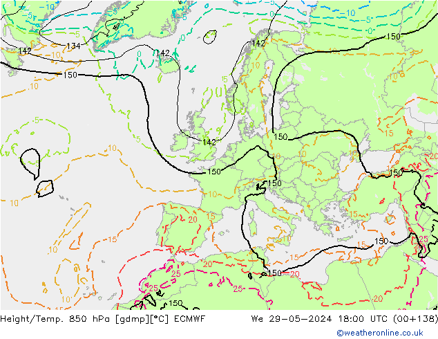 Hoogte/Temp. 850 hPa ECMWF wo 29.05.2024 18 UTC