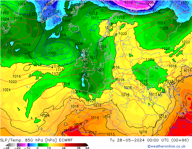 SLP/Temp. 850 hPa ECMWF di 28.05.2024 00 UTC