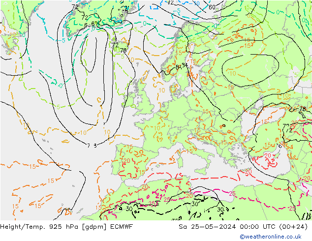 Height/Temp. 925 hPa ECMWF Sa 25.05.2024 00 UTC