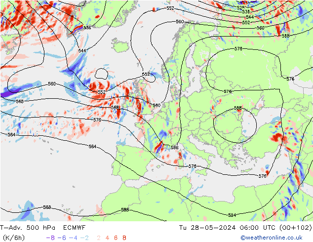 T-Adv. 500 hPa ECMWF Sa 28.05.2024 06 UTC