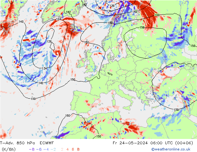 T-Adv. 850 hPa ECMWF Fr 24.05.2024 06 UTC