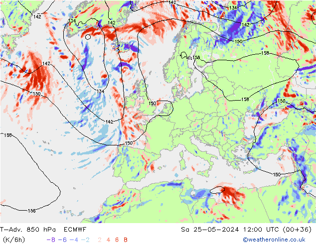 T-Adv. 850 hPa ECMWF sam 25.05.2024 12 UTC