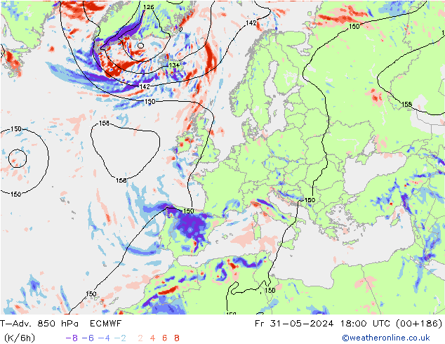 T-Adv. 850 hPa ECMWF Fr 31.05.2024 18 UTC