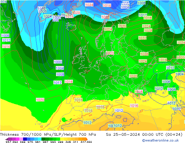 Thck 700-1000 hPa ECMWF So 25.05.2024 00 UTC