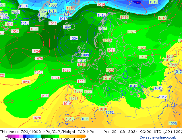 Thck 700-1000 hPa ECMWF We 29.05.2024 00 UTC