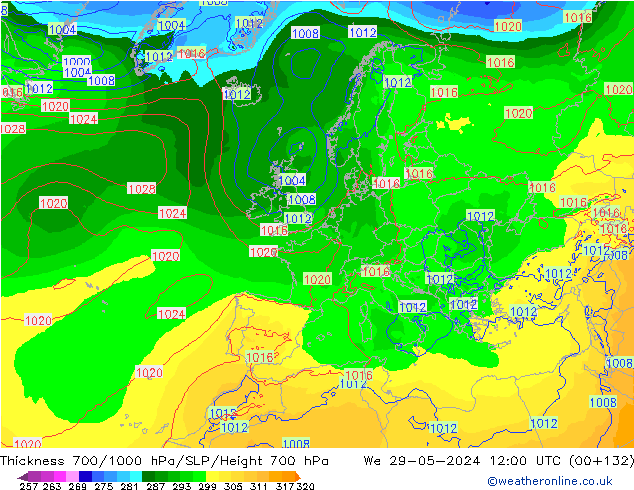 Dikte700-1000 hPa ECMWF wo 29.05.2024 12 UTC