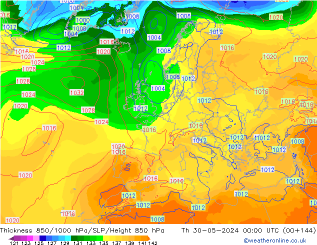 Espesor 850-1000 hPa ECMWF jue 30.05.2024 00 UTC