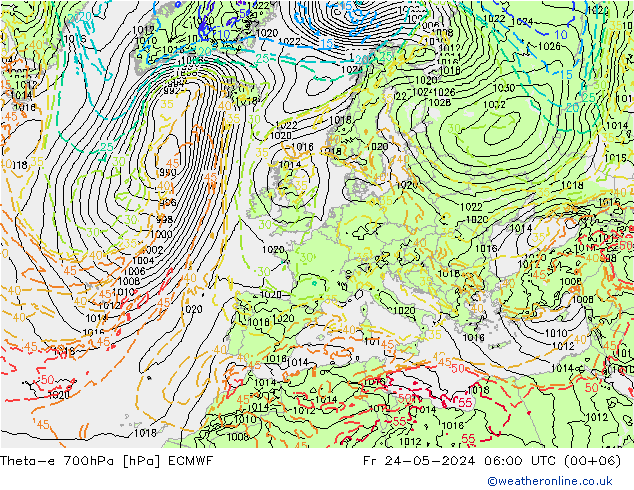 Theta-e 700hPa ECMWF Fr 24.05.2024 06 UTC