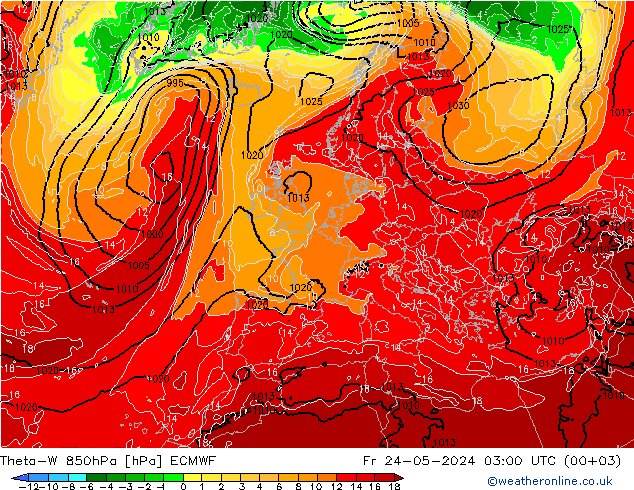 Theta-W 850hPa ECMWF Cu 24.05.2024 03 UTC