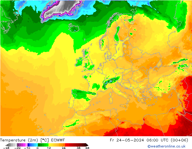 mapa temperatury (2m) ECMWF pt. 24.05.2024 06 UTC