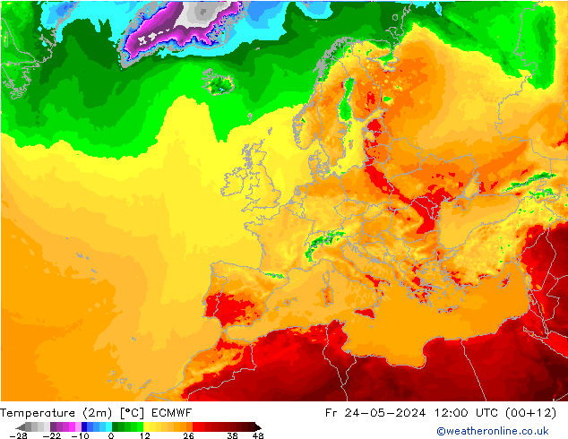 Temperaturkarte (2m) ECMWF Fr 24.05.2024 12 UTC