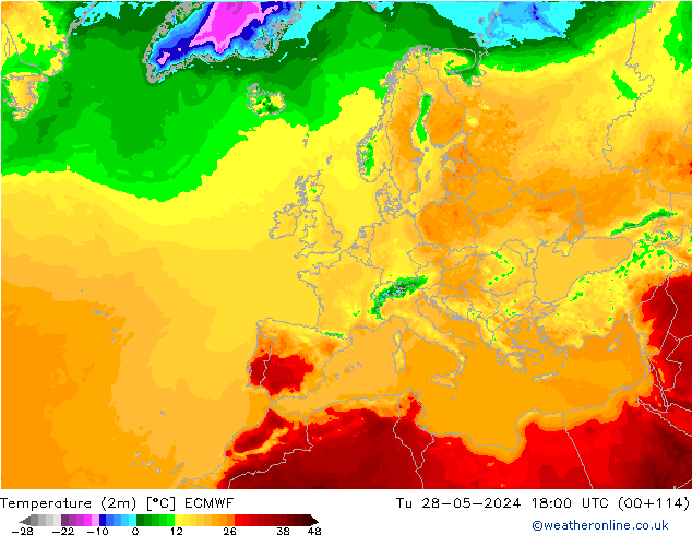 Temperatuurkaart (2m) ECMWF di 28.05.2024 18 UTC