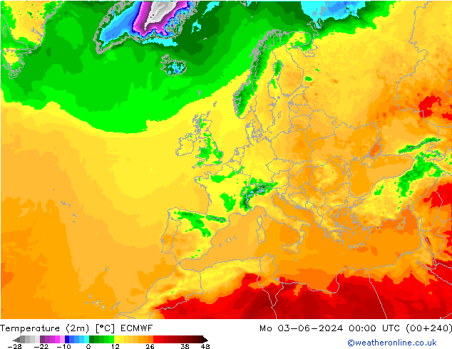 Temperaturkarte (2m) ECMWF Mo 03.06.2024 00 UTC