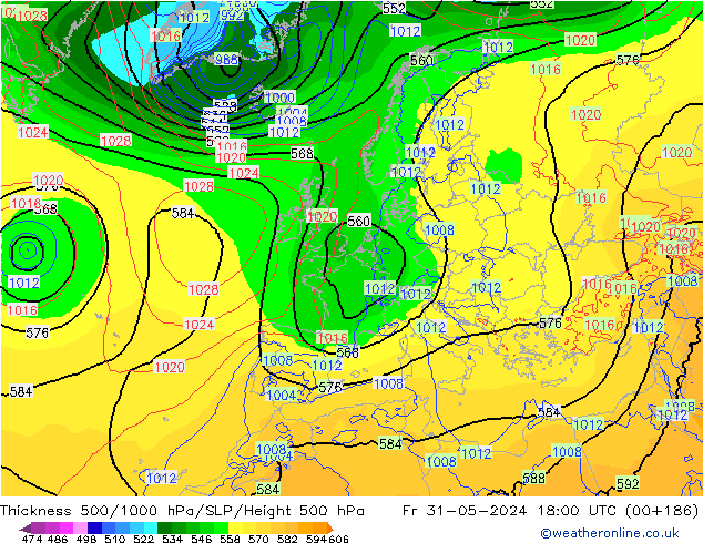 Schichtdicke 500-1000 hPa ECMWF Fr 31.05.2024 18 UTC