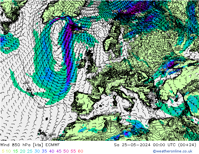 Wind 850 hPa ECMWF za 25.05.2024 00 UTC