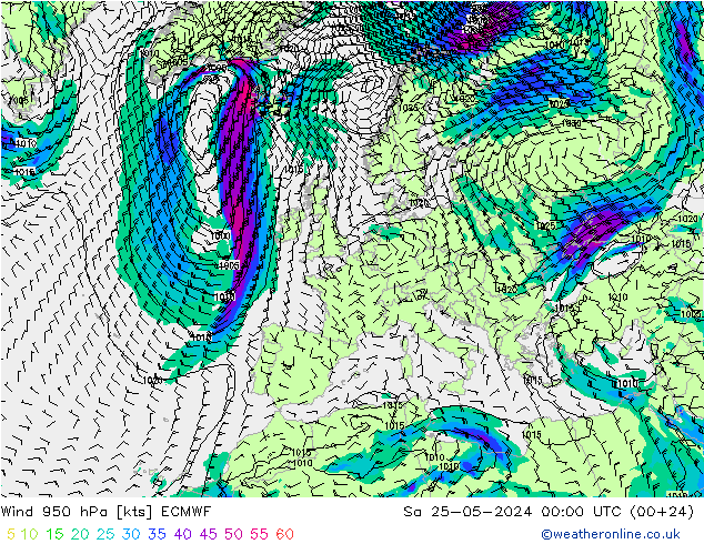 Wind 950 hPa ECMWF Sa 25.05.2024 00 UTC