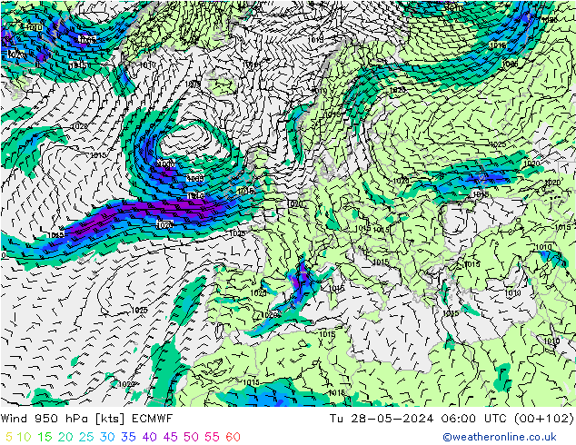 wiatr 950 hPa ECMWF wto. 28.05.2024 06 UTC