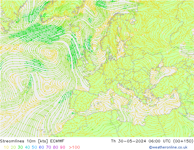 Linea di flusso 10m ECMWF gio 30.05.2024 06 UTC