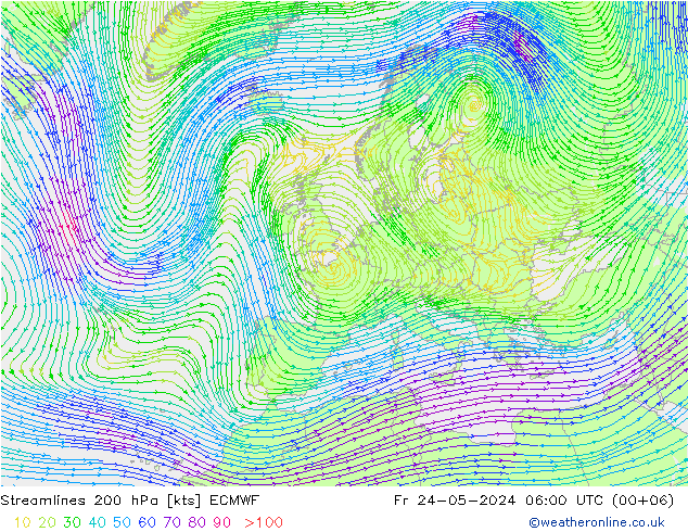 Streamlines 200 hPa ECMWF Fr 24.05.2024 06 UTC