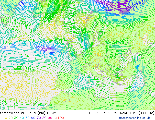 Stromlinien 500 hPa ECMWF Di 28.05.2024 06 UTC