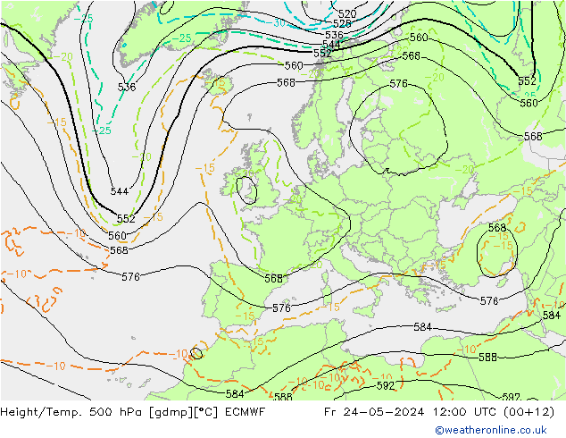 Z500/Rain (+SLP)/Z850 ECMWF Fr 24.05.2024 12 UTC