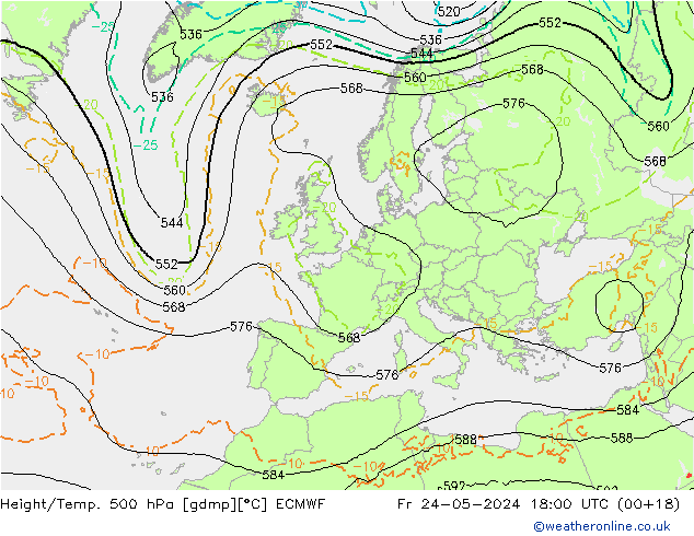 Z500/Rain (+SLP)/Z850 ECMWF vie 24.05.2024 18 UTC