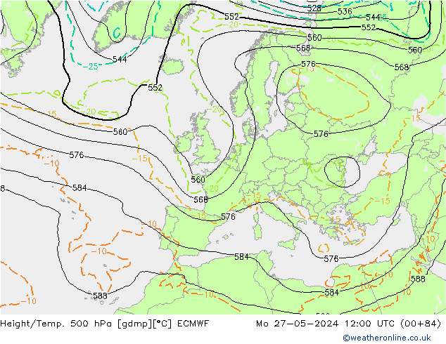 Z500/Rain (+SLP)/Z850 ECMWF Mo 27.05.2024 12 UTC