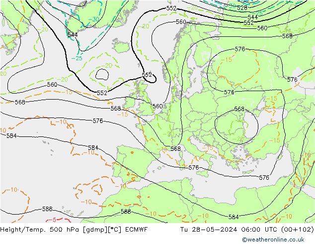 Z500/Rain (+SLP)/Z850 ECMWF Út 28.05.2024 06 UTC