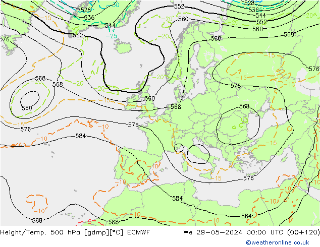 Z500/Rain (+SLP)/Z850 ECMWF Mi 29.05.2024 00 UTC