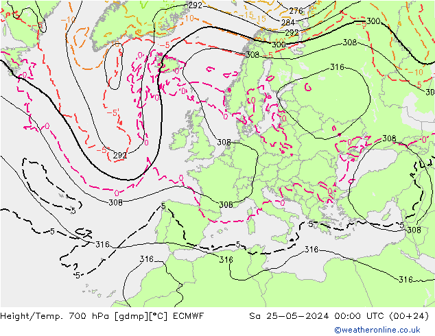 Height/Temp. 700 hPa ECMWF Sa 25.05.2024 00 UTC