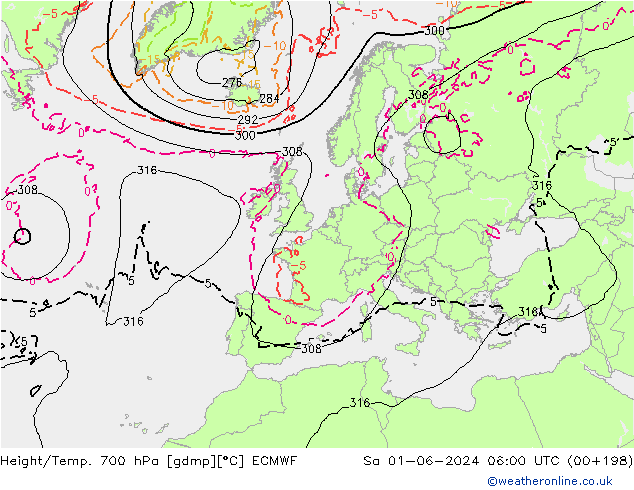 Height/Temp. 700 hPa ECMWF Sa 01.06.2024 06 UTC