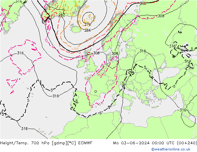 Height/Temp. 700 hPa ECMWF Mo 03.06.2024 00 UTC