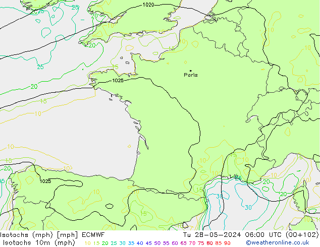 Isotachs (mph) ECMWF Tu 28.05.2024 06 UTC