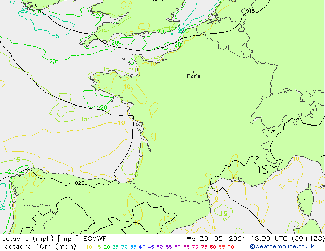 Isotachs (mph) ECMWF We 29.05.2024 18 UTC