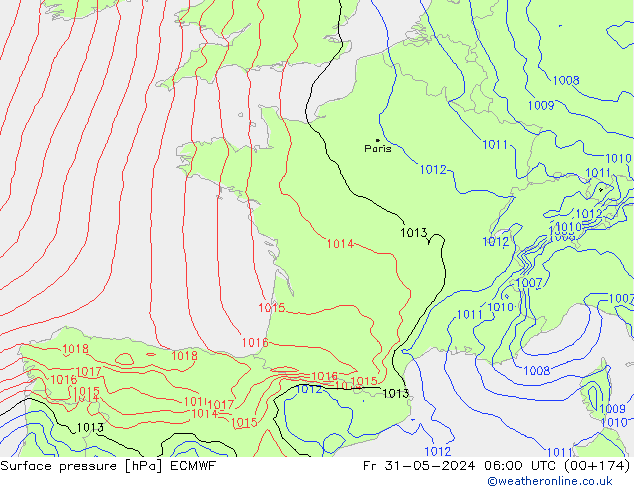 Presión superficial ECMWF vie 31.05.2024 06 UTC