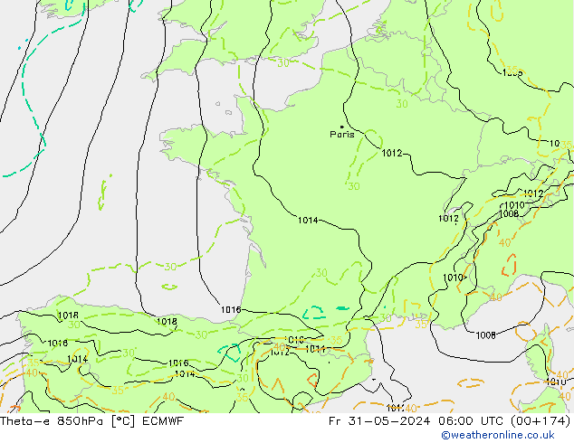 Theta-e 850hPa ECMWF Fr 31.05.2024 06 UTC