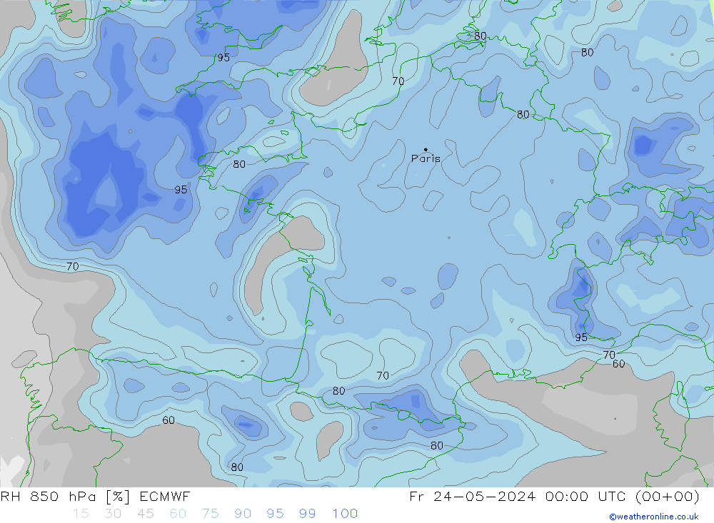 Humidité rel. 850 hPa ECMWF ven 24.05.2024 00 UTC