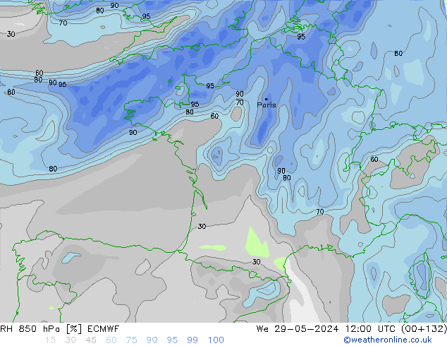 Humidité rel. 850 hPa ECMWF mer 29.05.2024 12 UTC