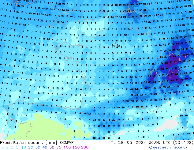 Precipitation accum. ECMWF Tu 28.05.2024 06 UTC