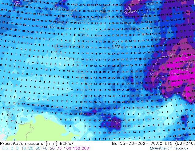 Precipitation accum. ECMWF Mo 03.06.2024 00 UTC