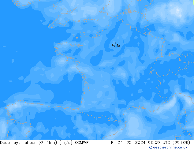 Deep layer shear (0-1km) ECMWF Cu 24.05.2024 06 UTC
