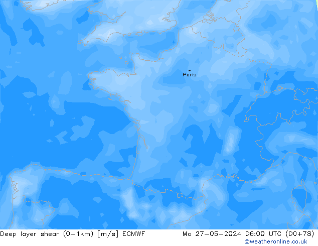 Deep layer shear (0-1km) ECMWF  27.05.2024 06 UTC