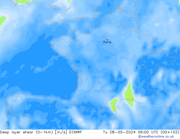 Deep layer shear (0-1km) ECMWF Tu 28.05.2024 06 UTC